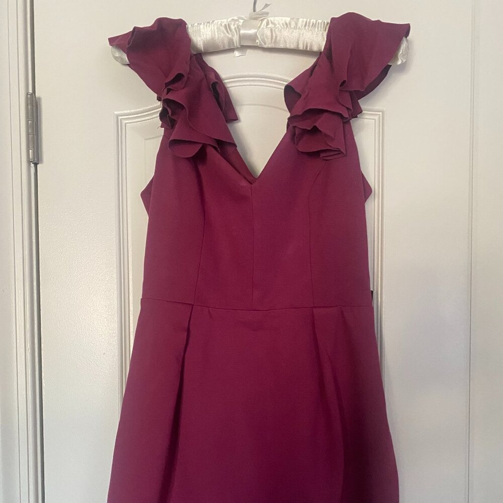 Express Ruffle Shoulder Back Cutout Mini Dress in Burgundy Wine - Size M